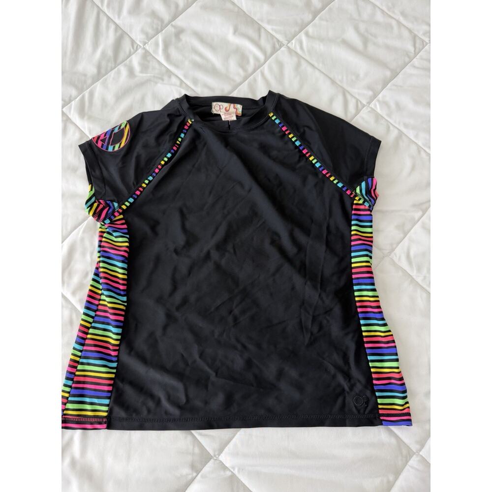 OP Black Short-Sleeve Rash Guard with Neon Rainbow Stripes Youth Large Ages 11